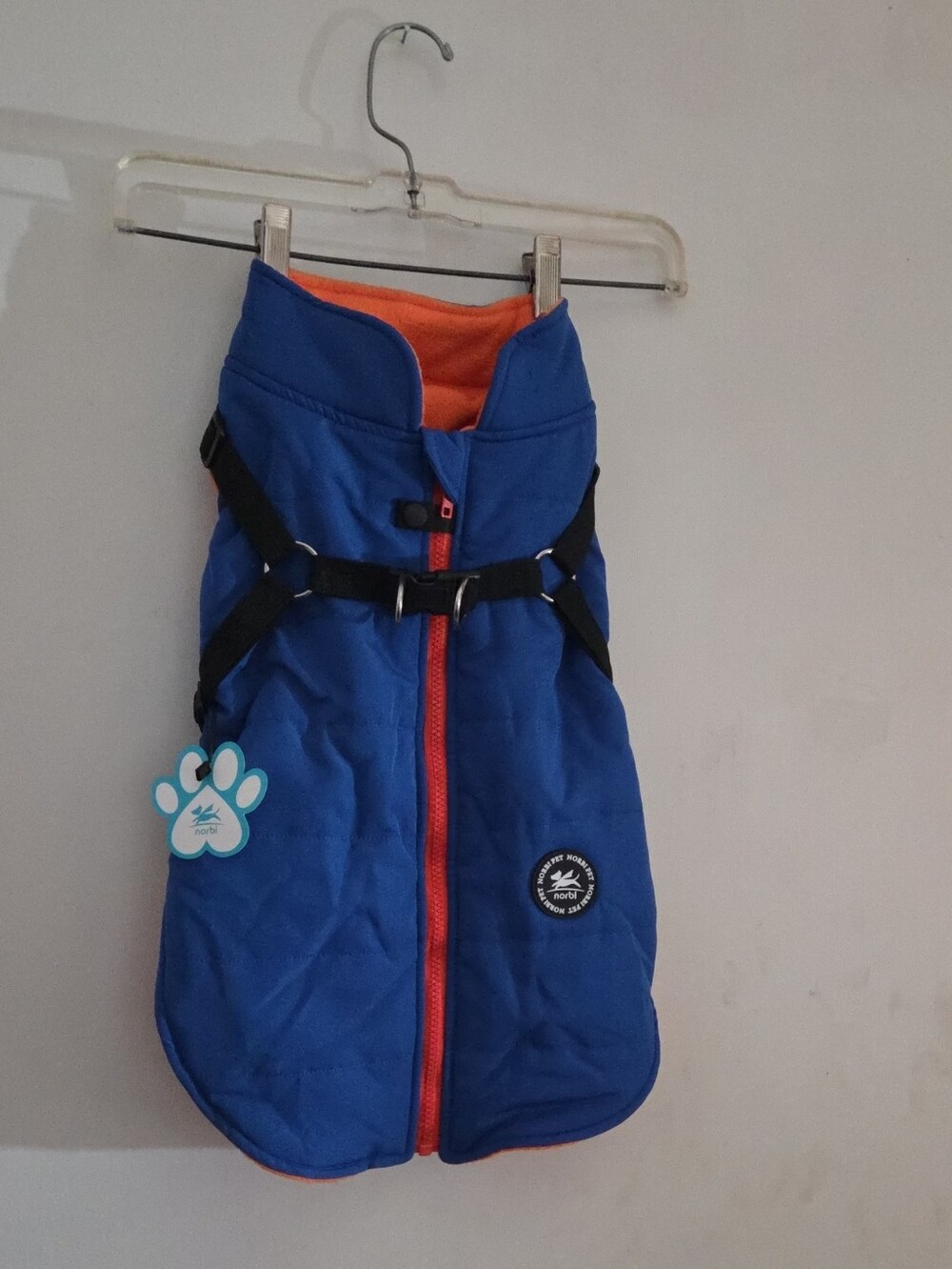 Blue and Orange Norbi Brand Dog Coat with Harness